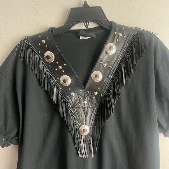 VTG Xperiance Womens Western Shirt Leather Fringe Conchos Studded Sleeve Sz L - Picture 4 of 13